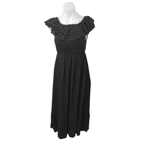Showpo Women's Black Ruffle Off The Shoulder Empire Midi A Line Dress Size 4 - Picture 1 of 5
